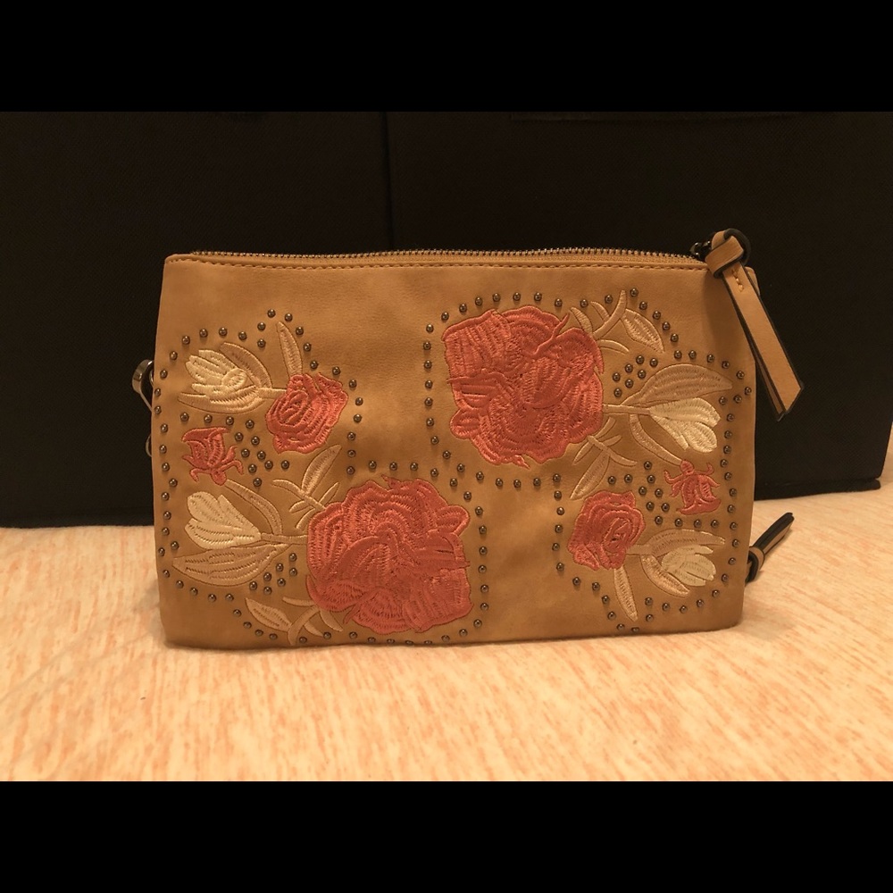 Tan embroidered flower crossbody
